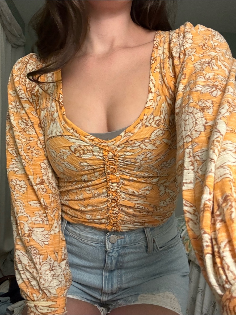Women’s Orange Floral Ruched Long-Sleeve Free People Top